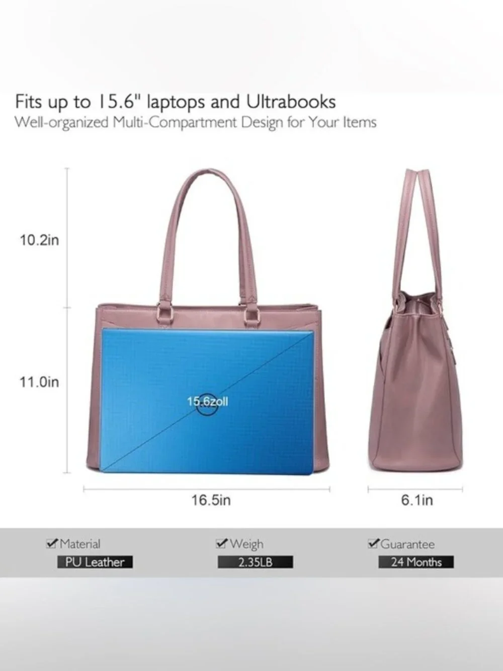 LOVEVOOK Laptop Tote Bag for Women 15.6 Inch Waterproof Leather Briefcase Mauve